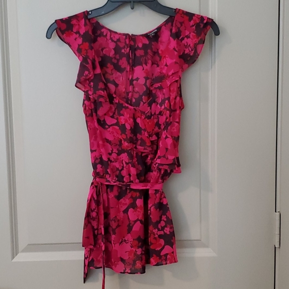 Express Tops - Express Floral & Ruffle Cinched Waist Top w/ Tie